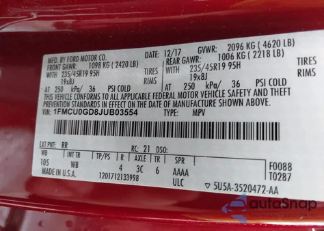 2018 Ford Escape Se из США, поврежденный, VIN 1FMCU0GD8JUB03554